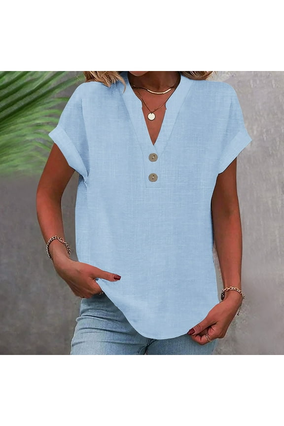 Short Shirt Sleeved Tops for Womens Fashionable Solid Color Relaxed Round Neck Button T-Shirt Blouses Sky Blue Size XL