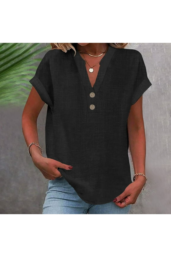 Short Shirt Sleeved Tops for Womens Fashionable Solid Color Relaxed V-neck Button T-Shirt Blouses Black Size 4XL