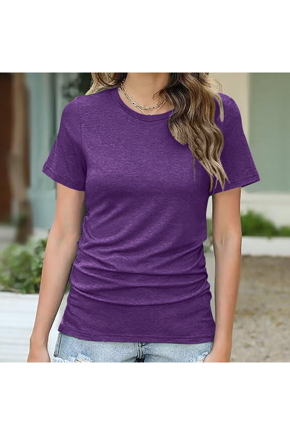 Short Shirt Sleeved Tops for Womens Solid Color Relaxed Round Neck T-Shirt Blouses Purple Size S