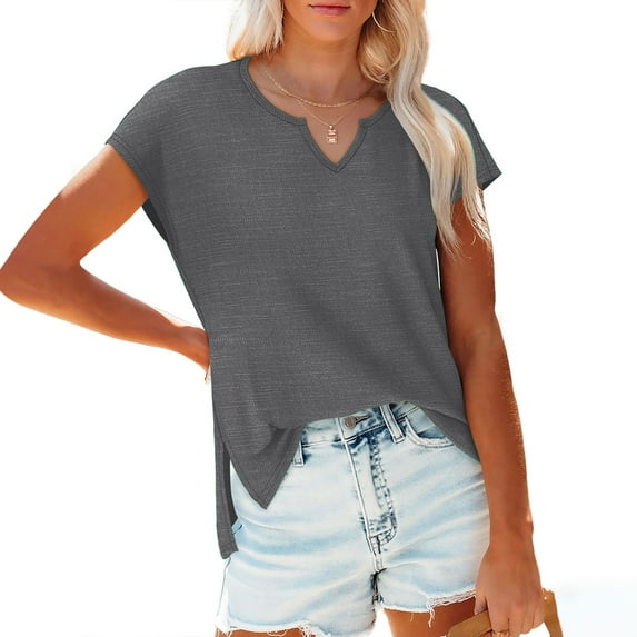Itsame Short Shirt Sleeved Tops for Womens Solid Color Relaxed V-neck T-Shirt Blouses Gray Size 2XL