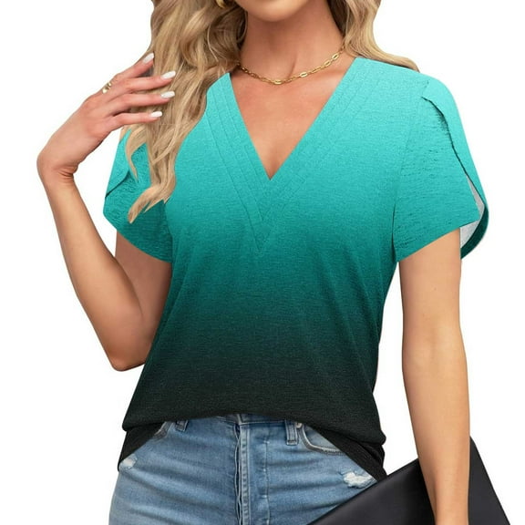 Itsame Short Shirt Sleeved Tops for Womens T-Shirt Printed V-neck Blouses Mint Green Size L