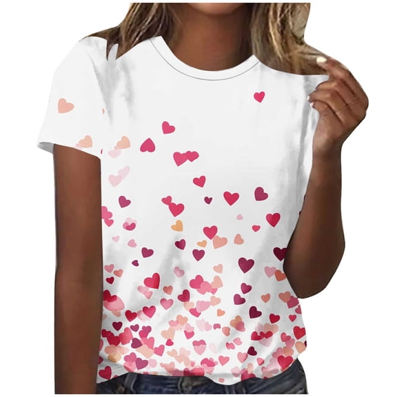 Itsame Short Shirt Sleeved for Womens Heart Printed T-Shirt Tops Relaxed Round Neck T Shirt Pink Size M