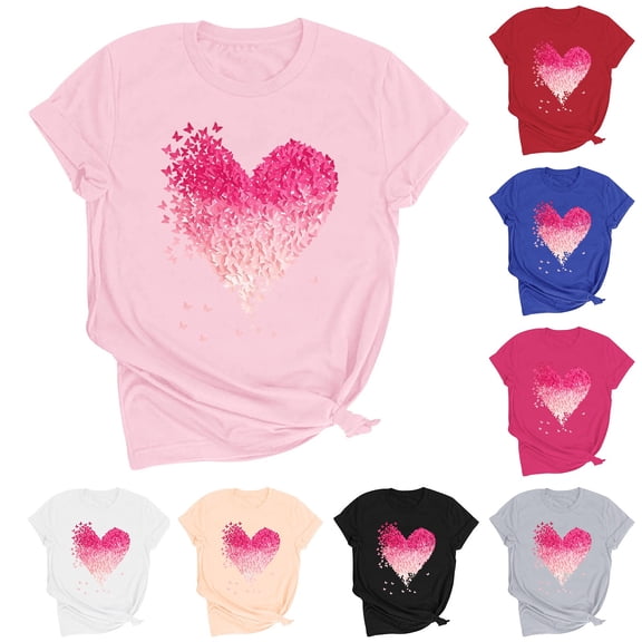 Itsame Short Shirt Sleeved for Womens Heart Printed T-Shirt Tops Round Neck T Shirt Pink Size 2XL
