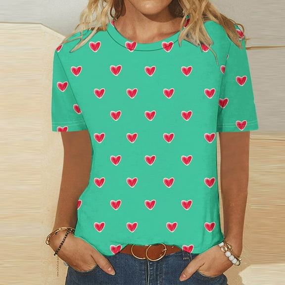Itsame Short Sleeved Shirt Summer Womens Printed T-Shirt Casual Tops Fashionable Round Neck Blouses Green Size L
