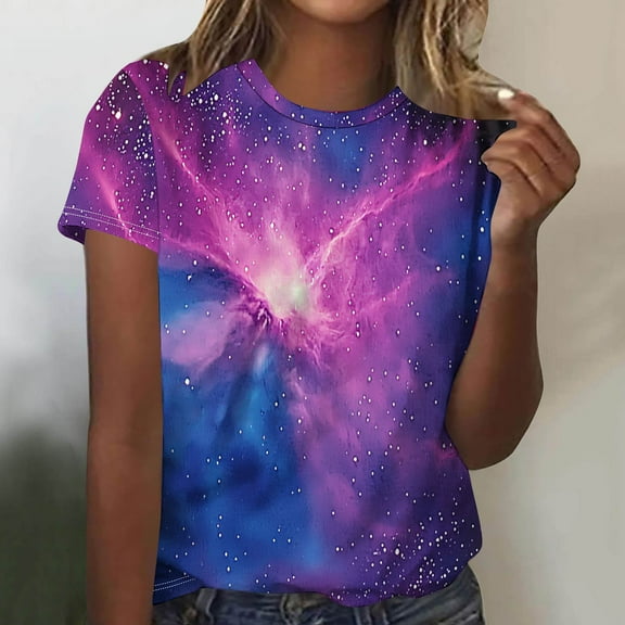 Itsame Short Sleeved Shirt Summer Womens Printed T-Shirt Casual Tops Round Neck Blouses Purple Size M
