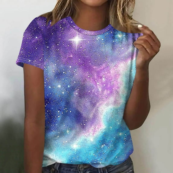 Itsame Short Sleeved Shirt Summer Womens Printed T-Shirt Casual Tops Round Neck Blouses Purple Size XL
