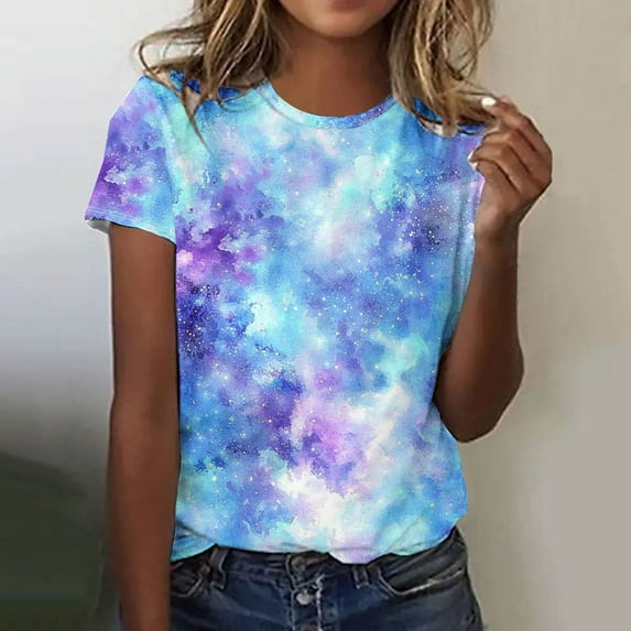 Itsame Short Sleeved Shirt Summer Womens Printed T-Shirt Casual Tops Round Neck Blouses Purple Size XL