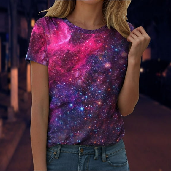 Itsame Short Sleeved Shirt Summer Womens Printed T-Shirt Casual Tops Round Neck Blouses Red Size 2XL