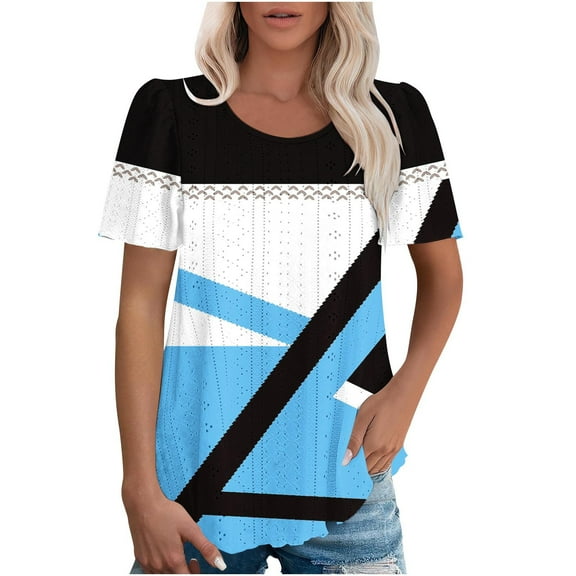 Itsame Short Sleeved Shirt Summer Womens Printed T-Shirt Casual Tops Round Neck Blouses Sky Blue Size S