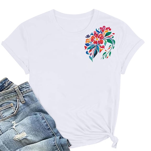 Itsame Short Sleeved Shirt Summer Womens Printed T-Shirt Casual Tops Round Neck Blouses White Size XL