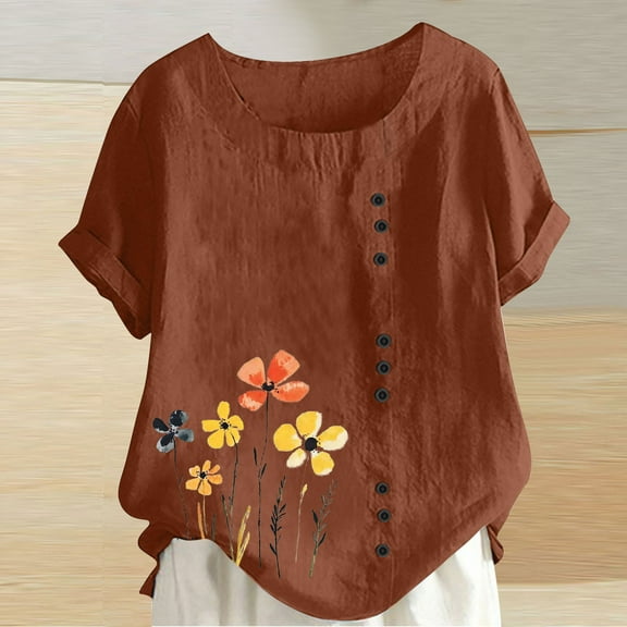 Itsame Short Sleeved Shirt Summer Womens Printed T-Shirt Casual Tops Round Neck Button Cotton Blouses Brown Size S