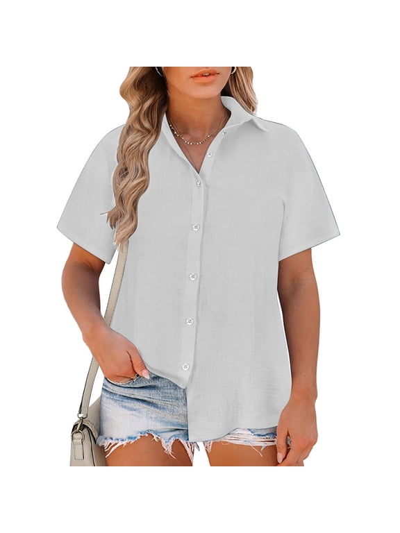 Short Sleeved Top Shirt for Women Button Round Neck Loose Fitting Solid Color Undershirts Gray Size 5XL