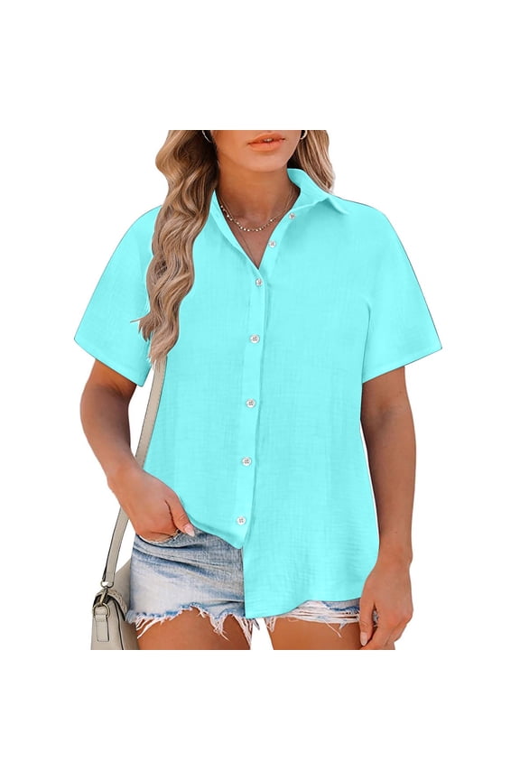 Short Sleeved Top Shirt for Women Button Round Neck Loose Fitting Solid Color Undershirts Green Size M