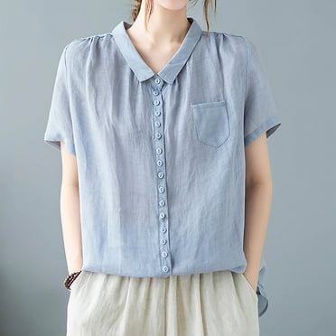 Itsame Short Sleeved Top Shirt for Women Lapel Collar Loose Fitting Solid Color Undershirts Blue Size XL