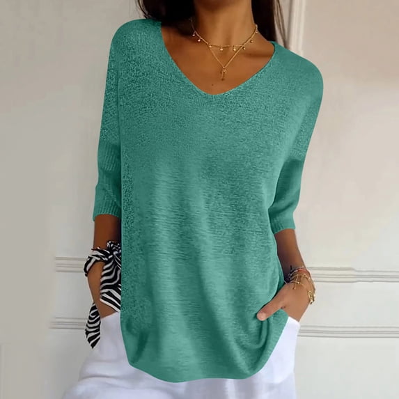 Itsame Short Sleeved Top Shirt for Women V-Neck Solid Color Knitted Undershirts Green Size L