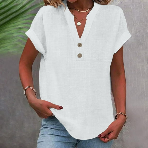 Itsame Short Sleeved Undershirt Tops for Womens Shirt Fashionable Solid Color Relaxed Button T-Shirt Blouses White Size L