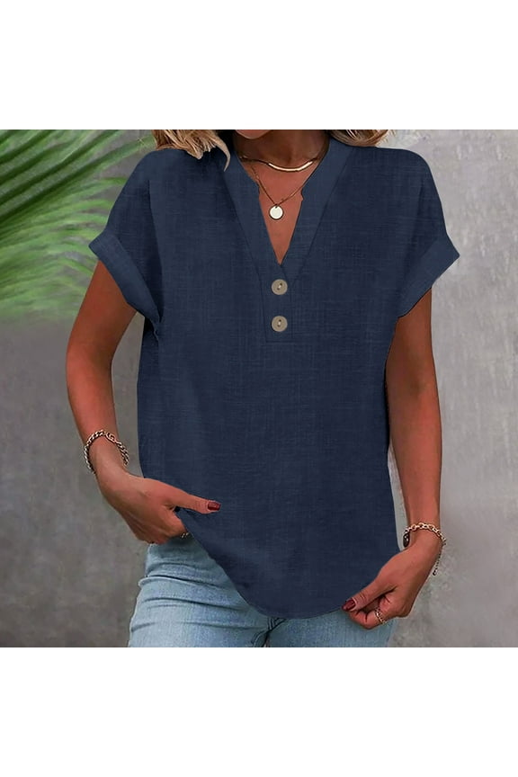 Short Sleeved Undershirt Tops for Womens Shirt Fashionable Solid Color Relaxed Round Neck Button T-Shirt Blouses Navy Size 2XL