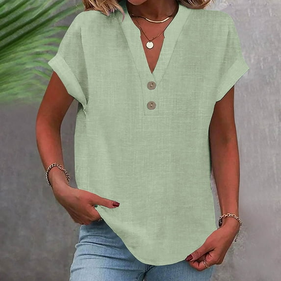 Itsame Short Sleeved Undershirt Tops for Womens Shirt Fashionable Solid Color Relaxed V-neck Button T-Shirt Blouses Green Size 5XL