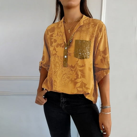 Itsame Short Sleeved Undershirt Tops for Womens Shirt Pocket Solid Color Relaxed V-neck Cotton T-Shirt Blouses Yellow Size L