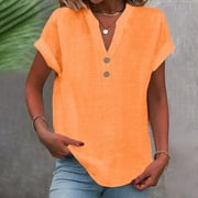 ITSAME Blouses for Womens, Solid Color Buttons V Neck Short Sleeve Sumemr Cotton Linen Tees Orange 2XL