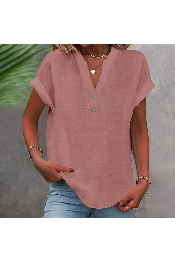 Short Sleeved Undershirt Tops for Womens Shirt T-Shirt Fashionable Solid Color Relaxed Button Blouses Pink Size L