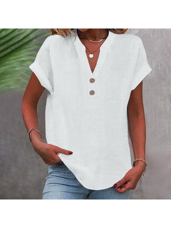 Short Sleeved Undershirt Tops for Womens Shirt T-Shirt Fashionable Solid Color Relaxed Round Neck Button Blouses White Size 5XL