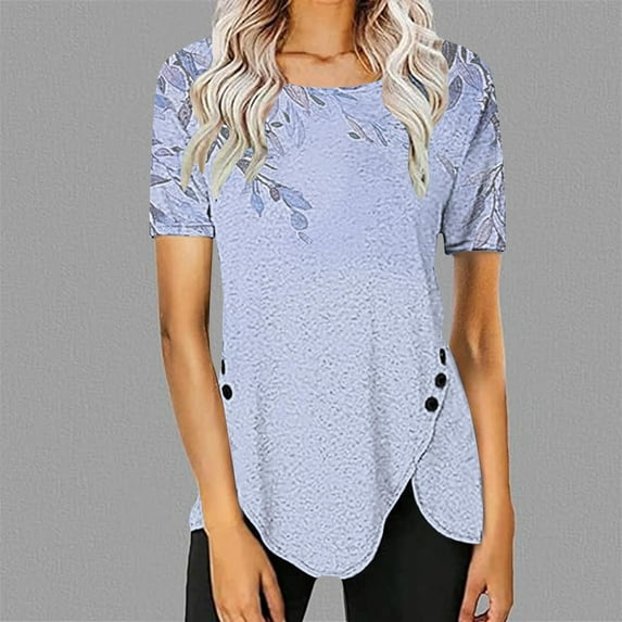 Itsame Short Sleeved Undershirt Tops for Womens Shirt T-Shirt Printed Round Neck Button Blouses Multicolor Size L