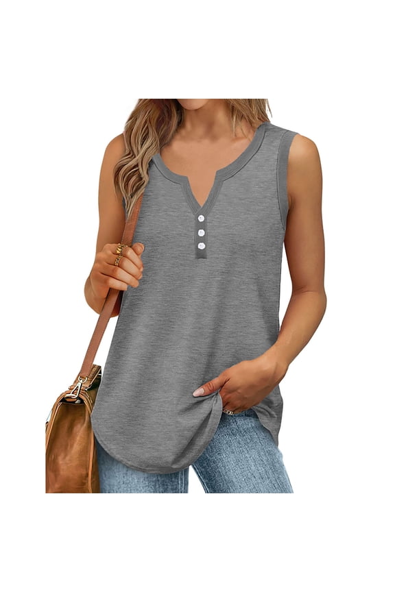 Short Sleeved Undershirt Tops for Womens Shirt T-Shirt Solid Color Relaxed V-neck Button Blouses Gray Size 5XL