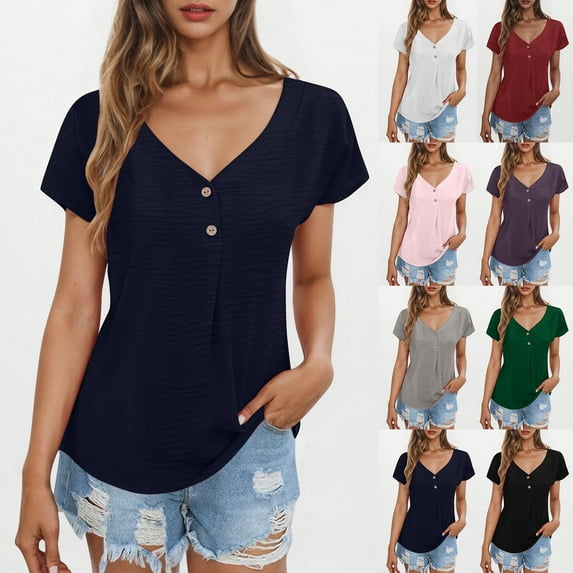 Itsame Short Sleeved Undershirt Tops for Womens Shirt T-Shirt Solid Color V-neck Blouses Black Size M
