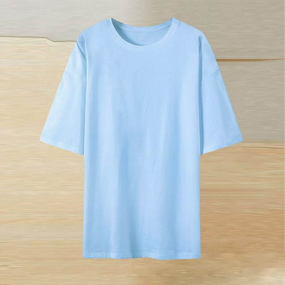 Itsame Short T-Shirt Sleeved Womens Solid Color Casual Shirt Tops Solid Color Round Neck Blouses Light Blue Size XL