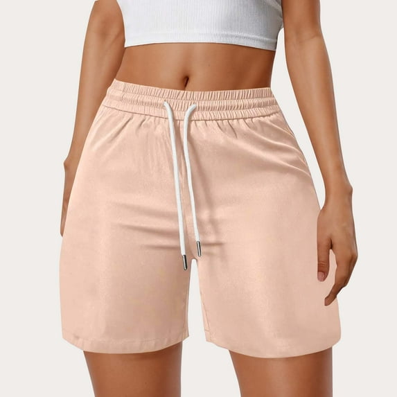 Itsame Sports Shorts Women Lanyard Short Sweatpants Pocket Fashionable Solid Color Tight Short Pants Pink Size L