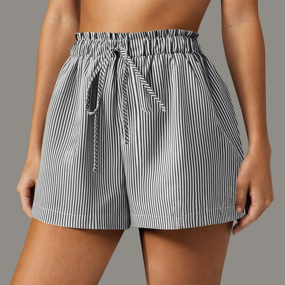 Itsame Sports Shorts Women Lanyard Short Sweatpants Pocket Printed Stripe Short Pants Black Size L