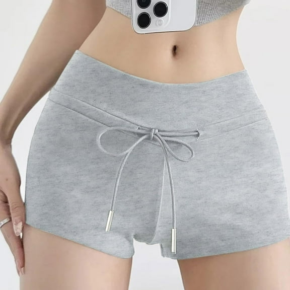 Itsame Sports Shorts Women Lanyard Short Sweatpants Solid Color Short Pants Gray Size M