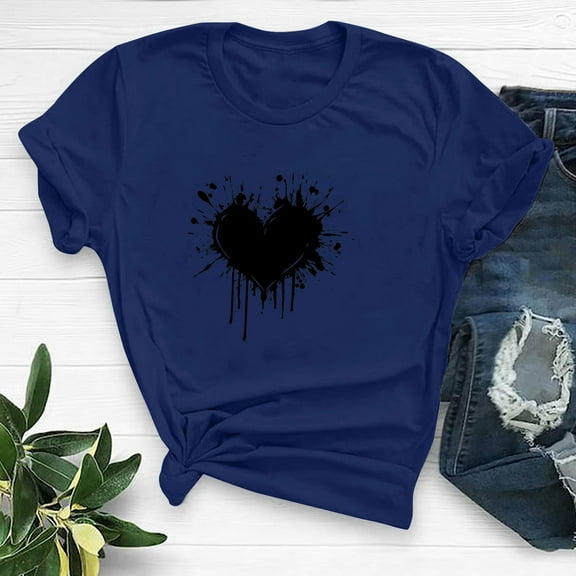 Itsame Summer Casual Loose T-Shirt for Womens Printed Oversized Short Sleeved Tops Relaxed Round Neck Blouses Blue Size M