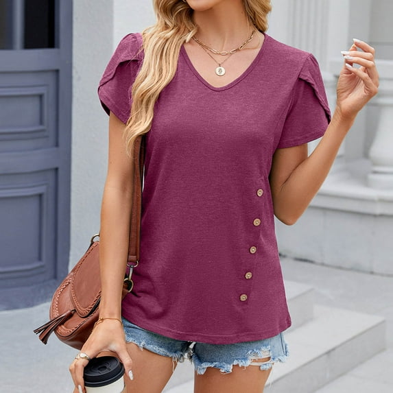 Itsame Summer Loose T-Shirt for Womens Solid Color Short Sleeved Tops Fashionable Solid Color Round Neck Blouses Wine Size L