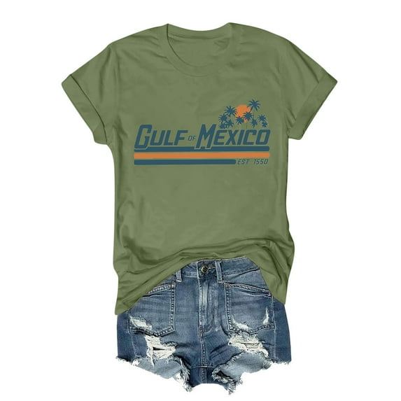 Itsame Summer Loose T-Shirt for Womens Solid Color Short Sleeved Tops Round Neck Blouses Army Green Size 2XL