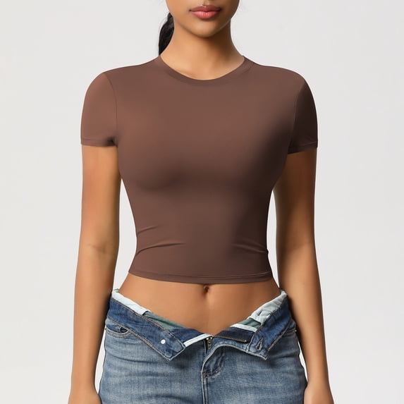 Itsame Summer Loose T-Shirt for Womens Solid Color Short Sleeved Tops Tight Round Neck Blouses Brown Size M