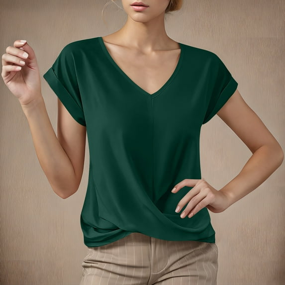 Itsame Summer Clearance Short Sleeved T-Shirt for Womens Shirt Tops Solid Color V-neck Blouses Green Size 3XL