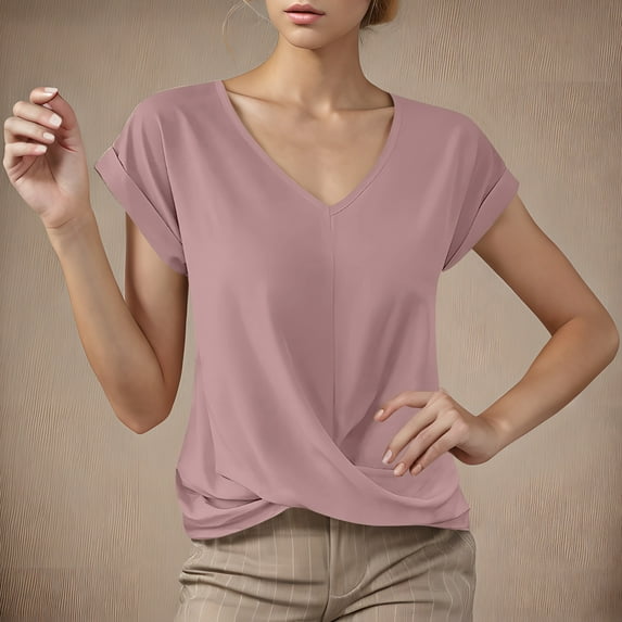 Itsame Summer Clearance Short Sleeved T-Shirt for Womens Shirt Tops Solid Color V-neck Blouses Pink Size S