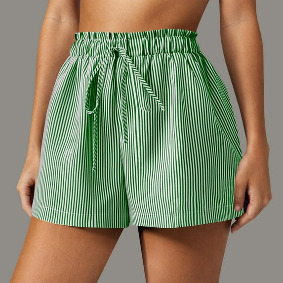 Itsame Summer Clearance Sports Lanyard Shorts for Womens Short Sweatpants Pocket Printed Stripe Short Pants Green Size L