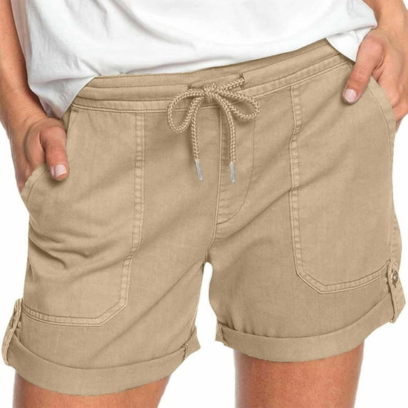 Itsame Summer Clearance Sports Lanyard Shorts for Womens Short Sweatpants Pocket Solid Color Tight Short Pants Khaki Size L