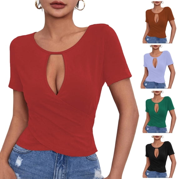 Itsame Summer Plain Short Shirt Sleeved Womens Casual T-Shirt Top Round Neck Slim T Shirt Purple Size S
