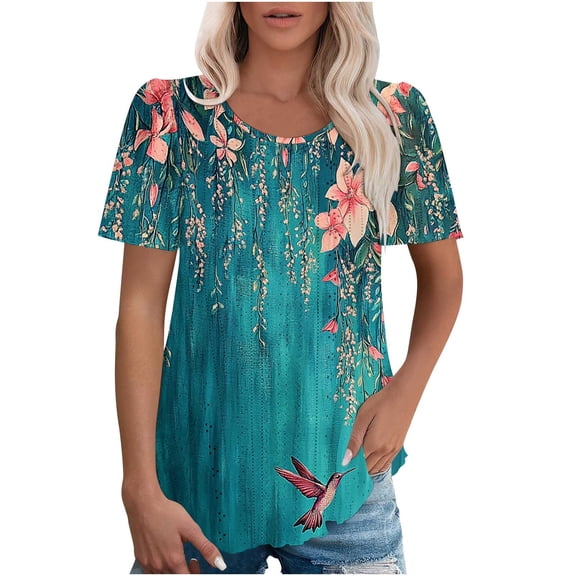 Itsame Summer Short Shirt Sleeved for Womens T-Shirt Tops Printed Round Neck Blouses Blue Size S