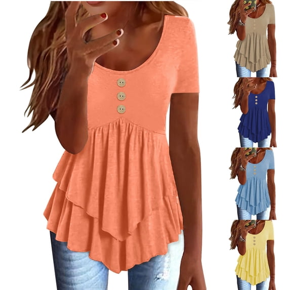 Itsame Summer Womens Casual T-Shirt for Women Plain Short Sleeved Shirt Tops Button Round Neck T Shirt Yellow Size M