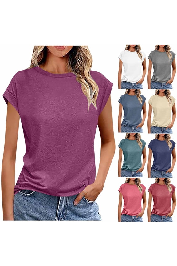 Summer Womens Casual T-Shirt for Women Plain Short Sleeved Shirt Tops Relaxed Round Neck T Shirt Blue Size M