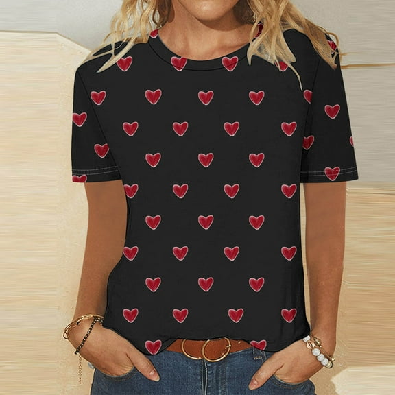 Itsame Summer Womens Printed T-Shirt Casual Short Sleeved Shirt Tops Fashionable Round Neck Blouses Black Size M