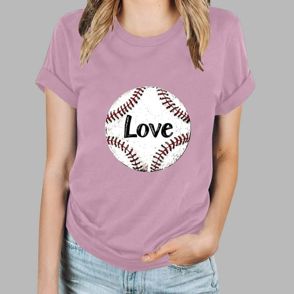 Itsame Summer Womens Printed T-Shirt Casual Short Sleeved Shirt Tops Fashionable Round Neck Blouses Pink Size L