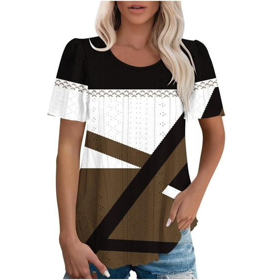 Itsame Summer Womens Printed T-Shirt Casual Short Sleeved Shirt Tops Round Neck Blouses Coffee Size XL
