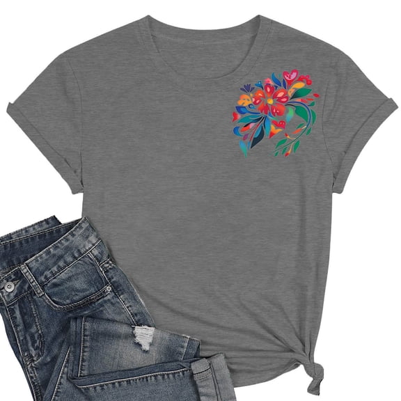 Itsame Summer Womens Printed T-Shirt Casual Short Sleeved Shirt Tops Round Neck Blouses Gray Size M