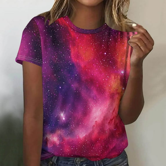 Itsame Summer Womens Printed T-Shirt Casual Short Sleeved Shirt Tops Round Neck Blouses Purple Size L